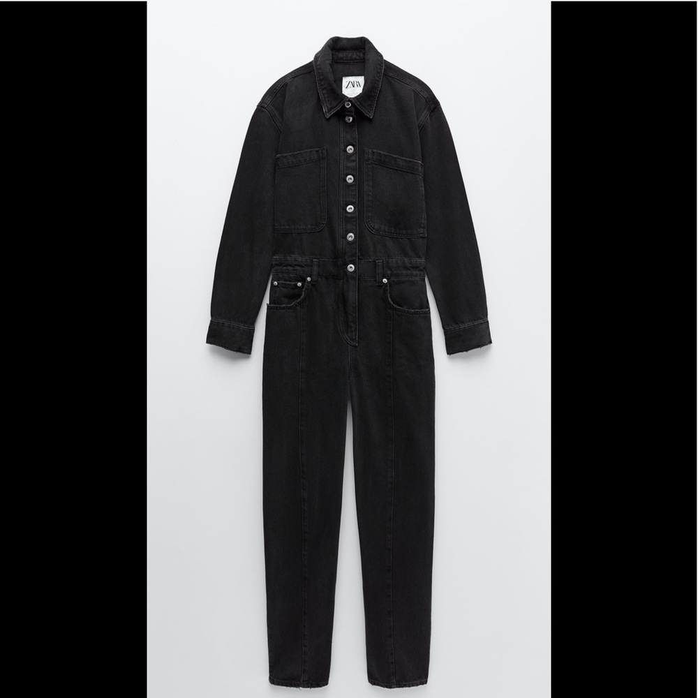 NWT ZARA LONG BLACK DENIM JUMPSUIT SZ XS.
